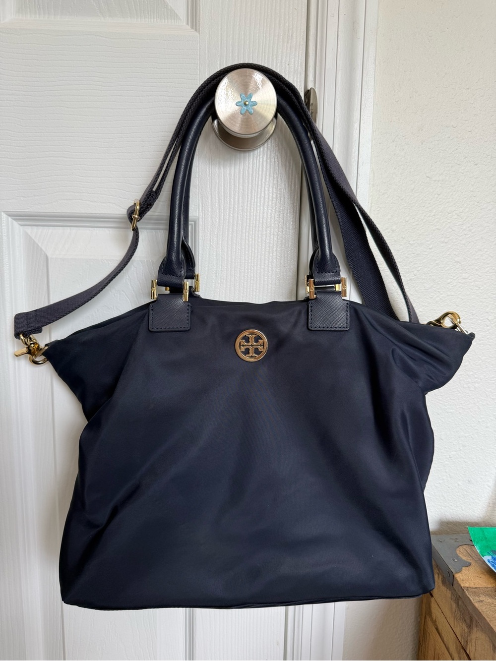 Tory Burch Navy Blue Tote with Gold Logo Hardware